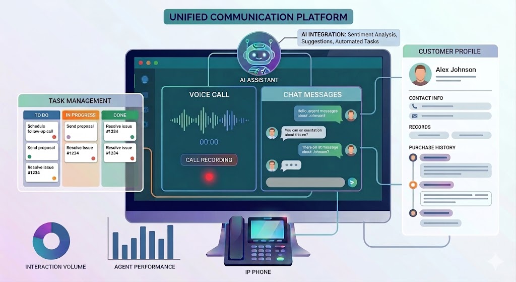 AI-powered call center and unified communications system with CRM integration