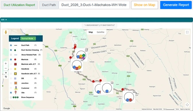 Duct utilization in fiber optics Module of Telecom Asset Management TAM with GIS